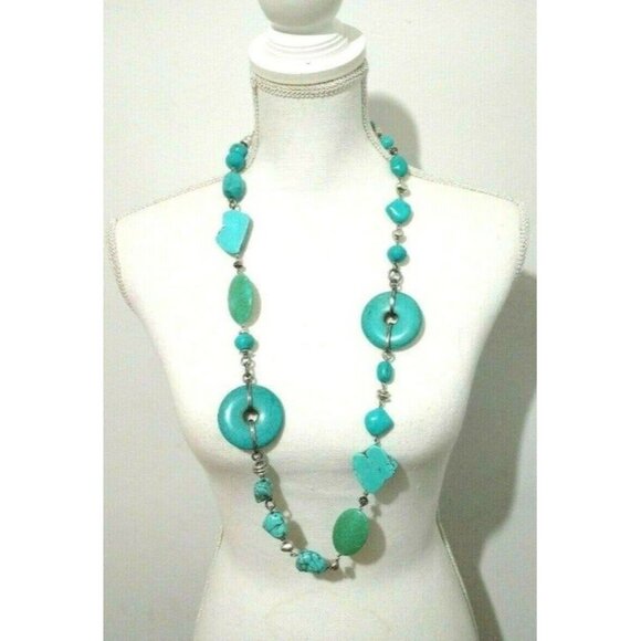Chico's Boho Statement Necklace 36" Chunky Faux Turquoise Stone Tribal Bold - Picture 2 of 4